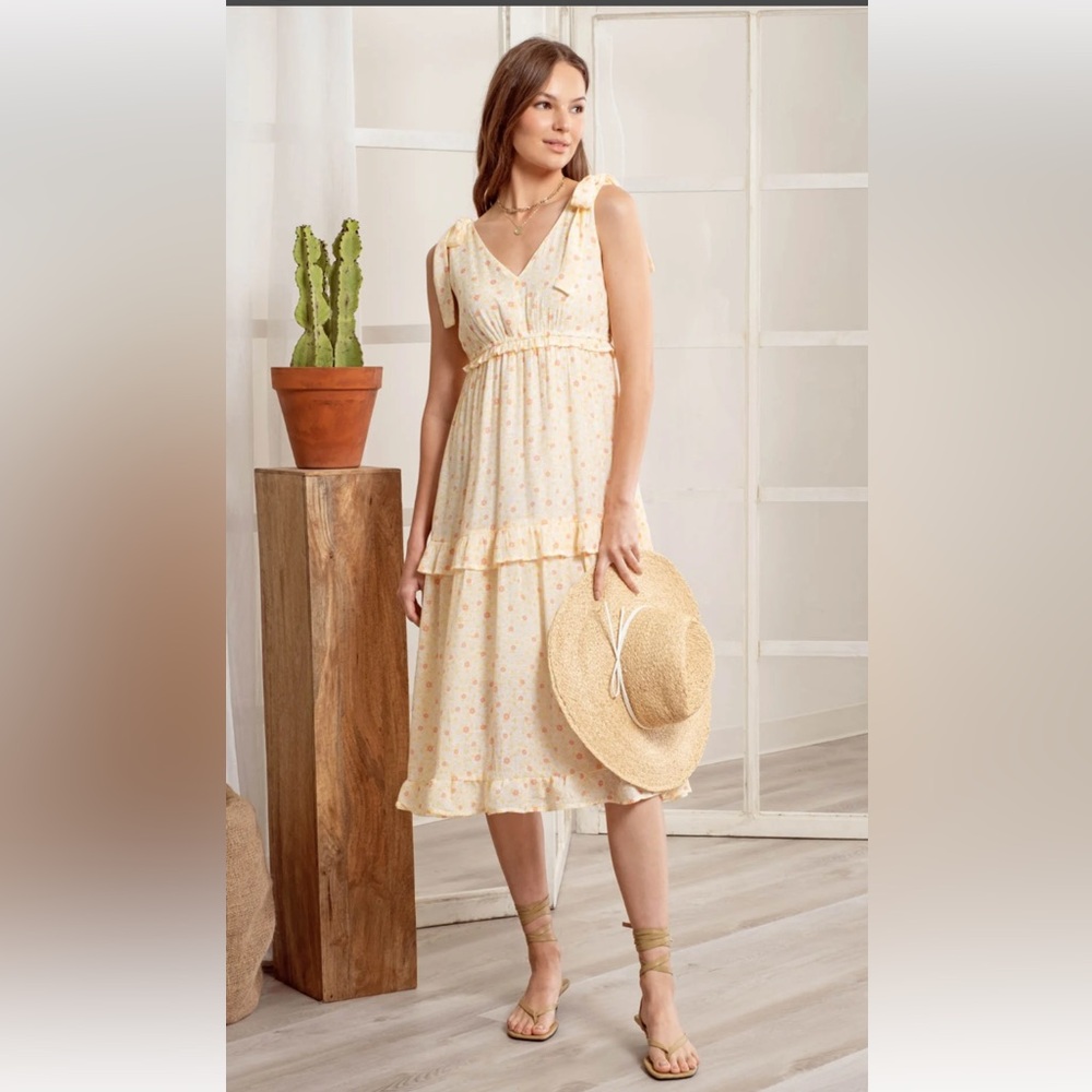 NWT By The River Ruffle Dress. Shoulder-Tie. Yellow Floral Tiered. Womens Sz-M